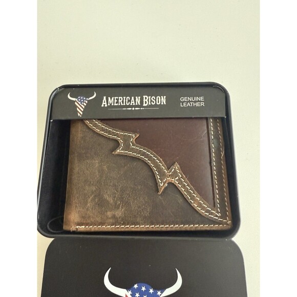 American Bison Men’s Brown Logo Genuine Leather Wallet Two Tone Materials - Picture 3 of 11